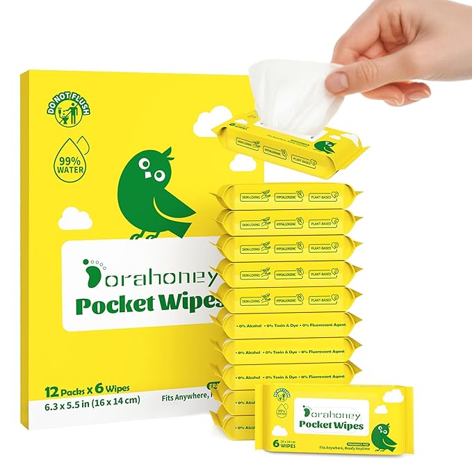 Unscented Travel Wet Wipes, 99% Purified Water Mini Wipes for Sensitive Skin, Hypoallergenic & Plastic-Free Pocket Wipes, 72 Count (12 Packs of 6)