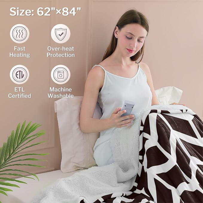 VENTIMI Electric Blanket Heated Throw, 62" x 84" Heated Blanket with 9 Heat Levels & 2 to 10 Hours Auto Off, Fast Heating Blankets with ETL & FCC Certification, Coffee