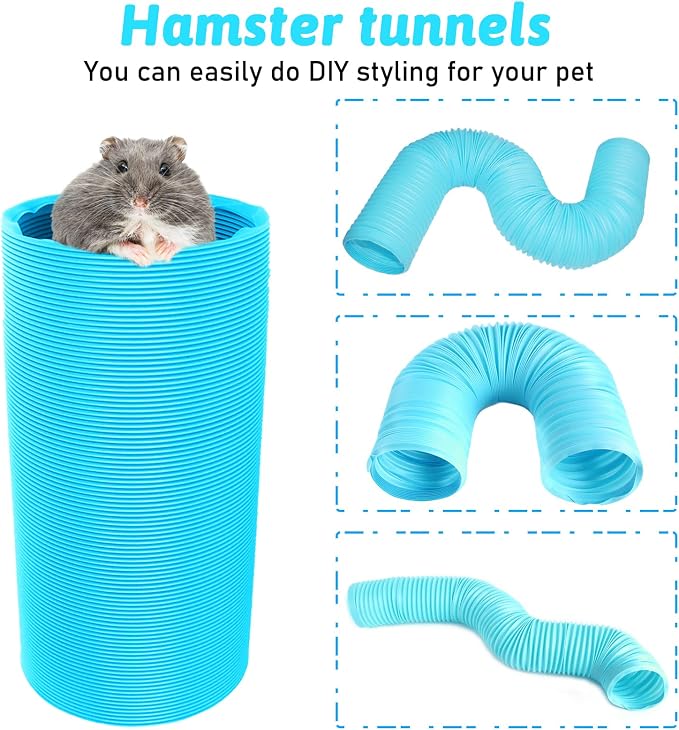 PINVNBY 2 PCS Hamster Tunnels,Plastic Ferret Tunnel,Guinea Pigs Tubes Hamsters Foldable Exercising Training Hideout Tube with 19 PCS Small Animals Toys for Mouse Gerbils Rats Mice(Blue)