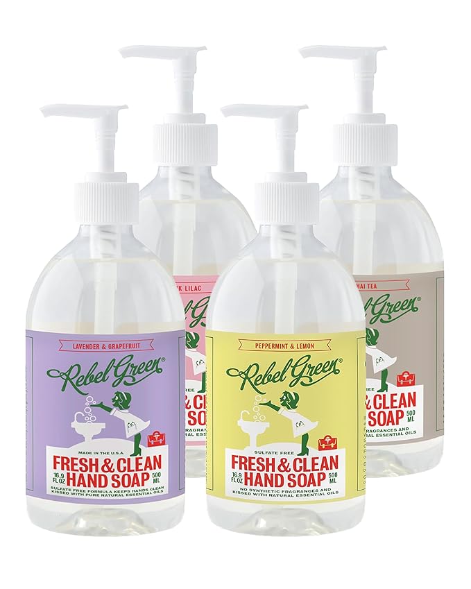 Rebel Green Fresh & Clean Hand Soap - Moisturizing Natural Liquid Hand Soap for Bathroom & Kitchen - Variety Pack, 12 fl oz Spray, Pack of 4