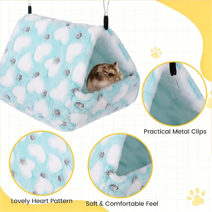 MCEAST 4 Pieces Small Pets Cage Accessories Hanging Hammock Sleeping Bag Tunnel and Bed Hideout Set Warm Sleep Nap Sack Bed for Hamster Ferret Squirrel Rabbit, Light Blue Hearts