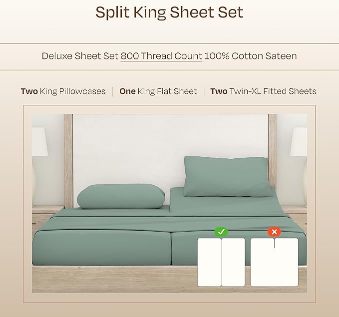 California Design Den King Split Sheets for Adjustable Bed Set - Luxury Hotel 800 Thread Count Sateen, Natural 100% Cotton Bedding Sheets & Pillowcases, Deep Pockets Bedding Set - Sage Green