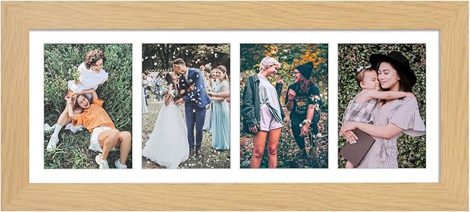 8x21 Picture Frame Display 4 opening 5x7 Collage Picture Frame,Multi Photo Frame with Mat,Plexiglass,Horizontal and Vertical Formats for Wall Decor,Natural Wood Grain