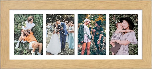 8x21 Picture Frame Display 4 opening 5x7 Collage Picture Frame,Multi Photo Frame with Mat,Plexiglass,Horizontal and Vertical Formats for Wall Decor,Natural Wood Grain