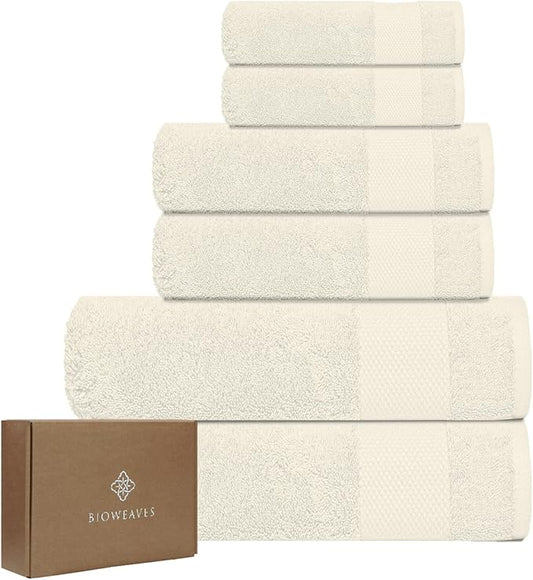 BIOWEAVES 100% Organic Cotton 700 GSM Plush 6-Piece Towel Set GOTS Certified, 2 Bath Towels, 2 Hand Towels & 2 Washcloths - Ivory