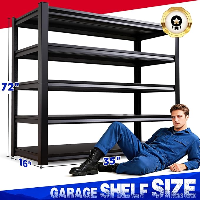Garage Shelving Adjustable Garage Shelves 3000LBS Storage Shelves,5-Tier Metal Shelving Unit Storage Shelf, Easy Assembly Utility Shelf for Warehouse, Basement, Black