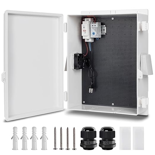 Outdoor Electrical Box with Thermostat and Fan, ABS Water Resistant Enclosure with Internal Mounting Panel & Hinged Cover,16" H* 12" L* 5.9" W Plug & Play.