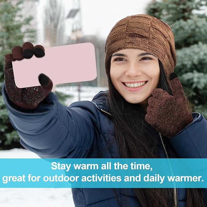Winter Fleece Lined Beanie Hat Scarf Sock Touchscreen Gloves Set for Men Women