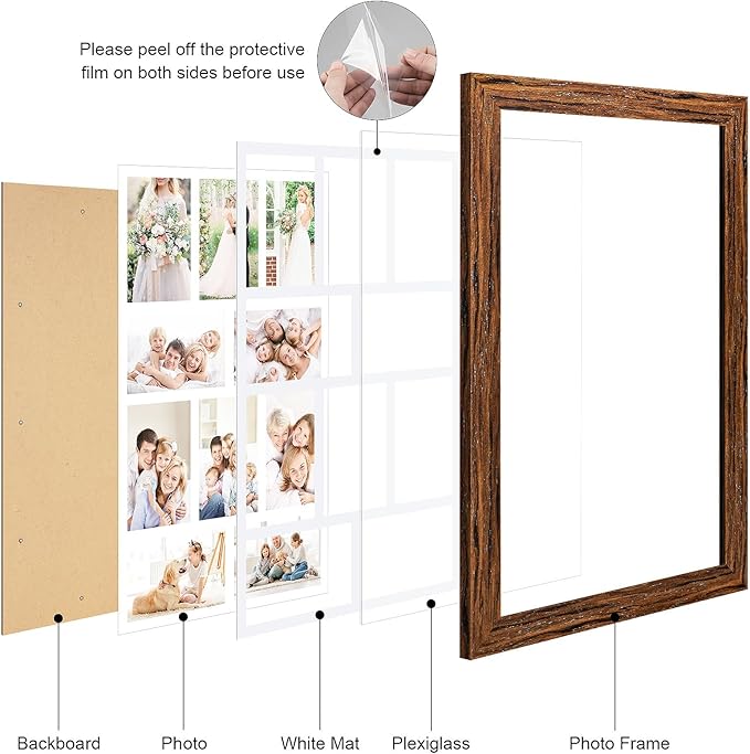 13x21 Picture Frame Display 10 opening 4X6 Picture Frame Collage,Multi Photo Frame with Mat,Plexiglass,Wall Mount Decor,Carbonized Brown Wood Grain