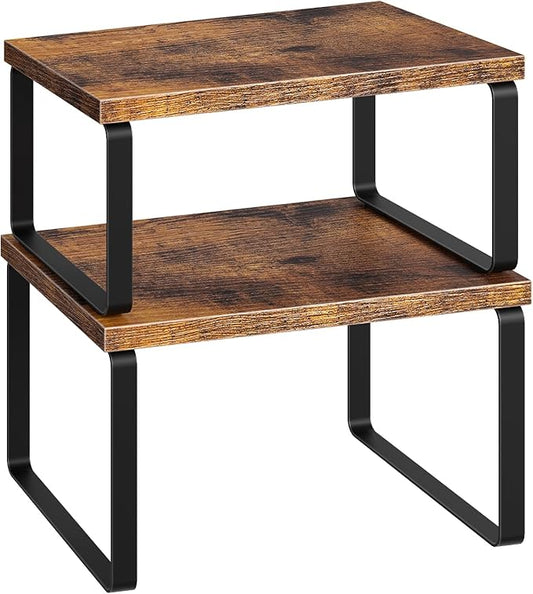 HOOBRO Spice Rack Set of 2, Kitchen Counter Organizer, Kitchen Storage, Cabinet Organizer Shelf, Nest, Stackable, Side-by-Side & L-Shape for Cabinet, Kitchen, Rustic Brown and Black BF33TL01