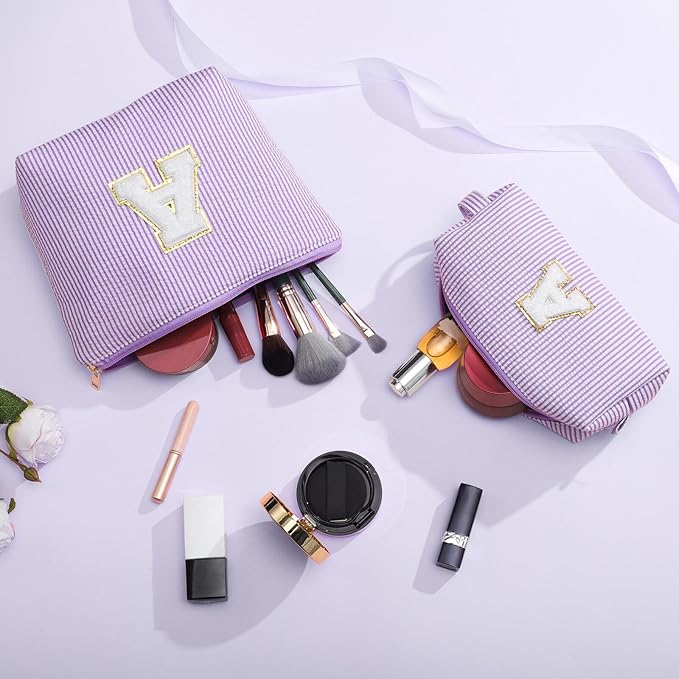 YOOLIFE Personalized Cute Purple Initial Cosmetic Makeup Pouch - Make Up Toiletry Bag for Her Mom Teacher Friend Girlfriend Wife Birthday Gifts
