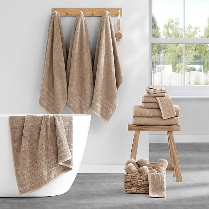 Casa Platino 100% Mercerized Cotton Bathroom Towel Set - 18 Pcs - Ring Spun, Super Soft & Highly Absorbent - 6 Large Bath Towels, 6 Washcloths, 6 Hand Towels - Wide Variety of Colours - Tawny Brown