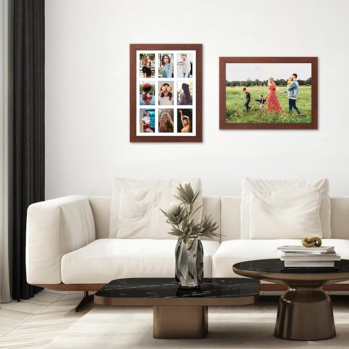 13.5x19.5 Picture Frame Display 9 opening 4X6 Picture Frame Collage,Multi Photo Frame with Mat,Plexiglass,Wall or Tabletop Decor,Walnut Wood Grain