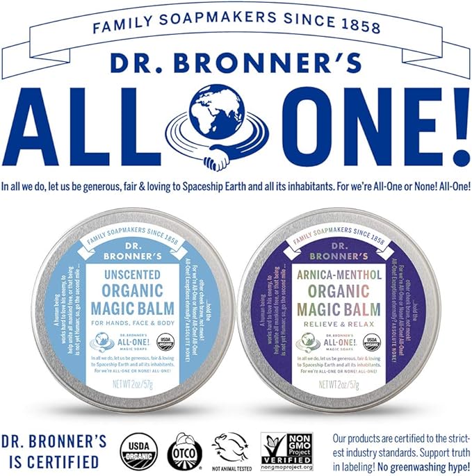 Dr. Bronner's - Organic Magic Balm - Arnica-Menthol, Made w/Organic Beeswax & Hemp Oil, Moisturizes & Soothes Hands, Face, & Body (2 oz, 2-Pack)