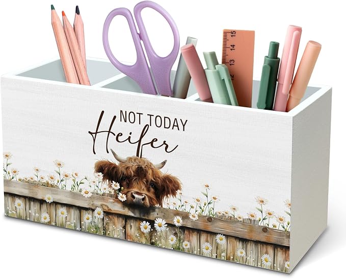 DILSJ Highland Cow Decor Pen Pencil Holder Organizer for Desk, Highland Cow Gifts for Women, Not Today Heifer Wooden Box Signs for Home Office Desk Tabletop Decoration