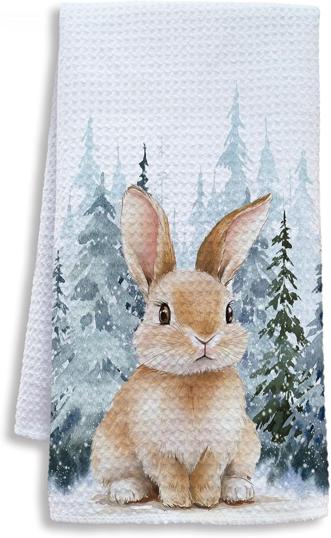 Winter Christmas Bunny Kitchen Towels, Gifts for Bunny Lovers Dish Tea Towels for Kitchen, Winter Pine Tree Forest Decorative Hand Towel for Kids Bathroom Decor, 16x24 Inch