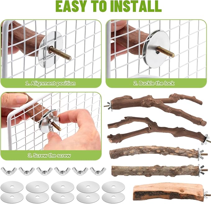 6 Pcs Natural Wood Bird Perch & Platform Set for Cage | Grapevine branches, prickly ash sticks & apple wood platforms; textured surface for foot health; easy wing-nut setup.