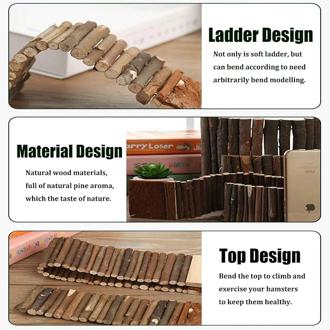 PINVNBY 2PCS Bendy Hamster Suspension Bridges(21.8in and 8.7in) Flexible Hamster Climbing Ladder Natural Wooden Bridge Hamster Cage Accessories for Guinea Pig Dwarf Sugar Glider Rat Mouse Chinchillas