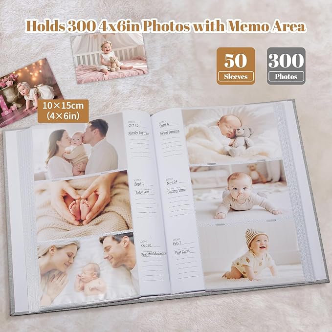 Baby Photo Album 4x6 300 Pockets with Memo Area & Hand and Footprint Kit, Linen Cover Slip-in Memory Book with Front Window, Acid-Free Keepsake for Newborn Boy Girl, First Year Moments