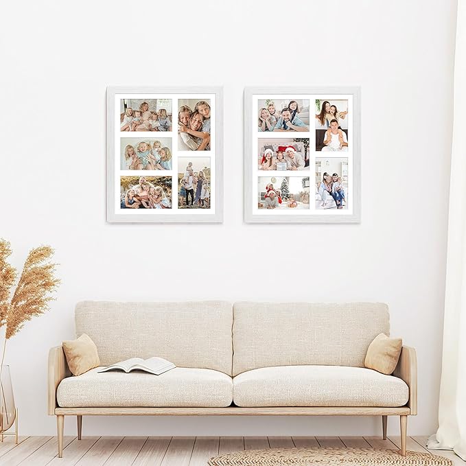 11x13 Collage frame with 5 Openings 4X6 Pictures, Multiple Picture Frame with Mat, Wall or Tabletop Decor, White Wood Grain,2 Pack