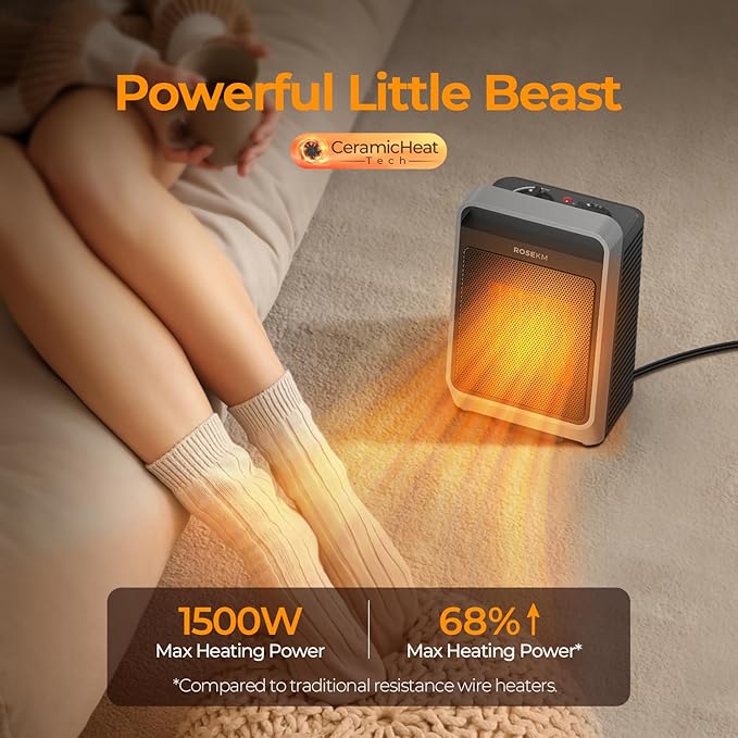 Space Heaters for Indoor Use, 1500W Portable Electric Heater with Thermostat, Ceramic Heater for Room Bedroom Office Under Desk with 3 Heating Levels, Safe Tip-Over Protection (Silver)