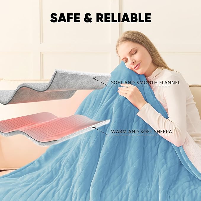 greenoak Heated Blanket Electric Queen Size 84"X90" Dual Control, Heating Blankets with 10 Levels 8 Hours Auto-Off, Soft Sherpa Fluffy House Warming Gifts for Grandma Seniors Momt,Pale Blue