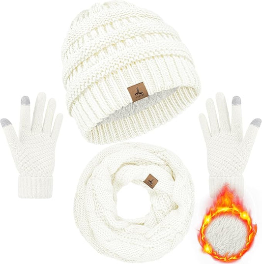 Winter Beanie Hat Scarf Gloves, Warm Fleece Knit Hats Touch Screen Gloves Neck Scarf Set Winter Gifts for Unisex Adult