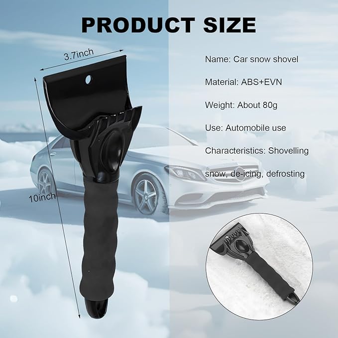Ice Scraper for Car Windshield, Scratch Free Foam Gripped Windscreen Snow Scraper Frost Ice Crusher, Winter Window Snow Shovel Frost Removal Tool for Car Small Trucks (Black)