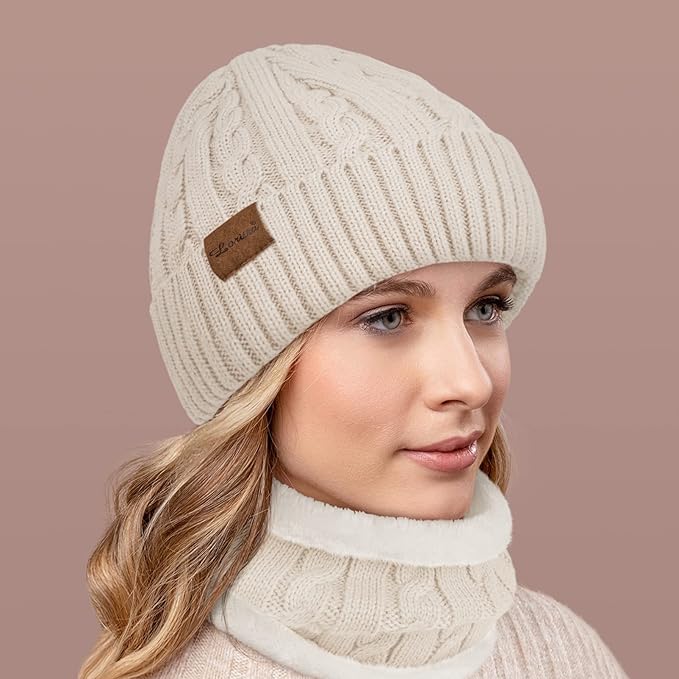 Loritta 3 Pieces Winter Hats for Women Scarf Touch Screen Gloves Set Thick Warm Fleece Lined Beanie Hat Gifts