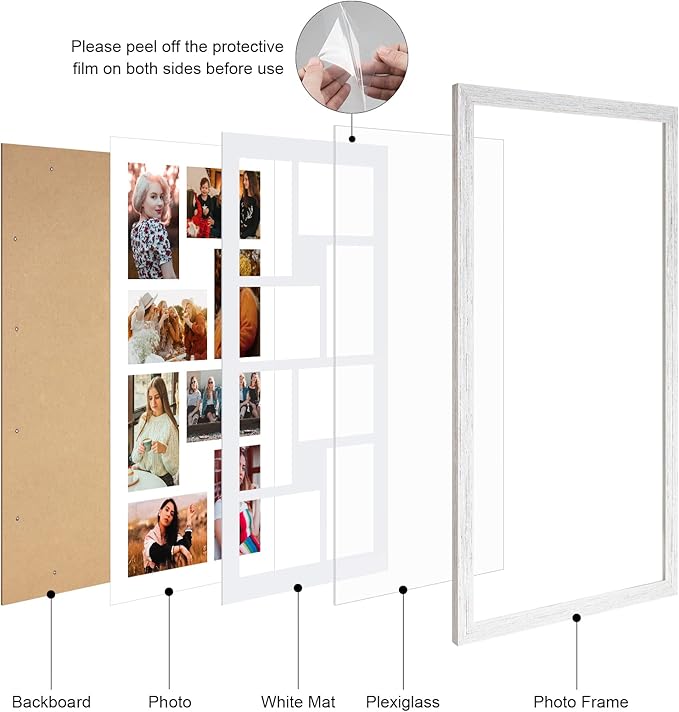 11.8x21.8 Collage frame with 8 Openings 4X6 Pictures, Multiple Picture Frame with Mat, Wall or Tabletop Decor, White Wood Grain,2 Pack