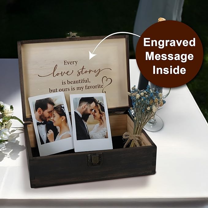 Engraved Wedding Memory Box – Wooden Keepsake Box for Bride & Groom, Marriage Vows, or First Anniversary – Medium Size – Dark Walnut – 8.5 x 6 x 3 in