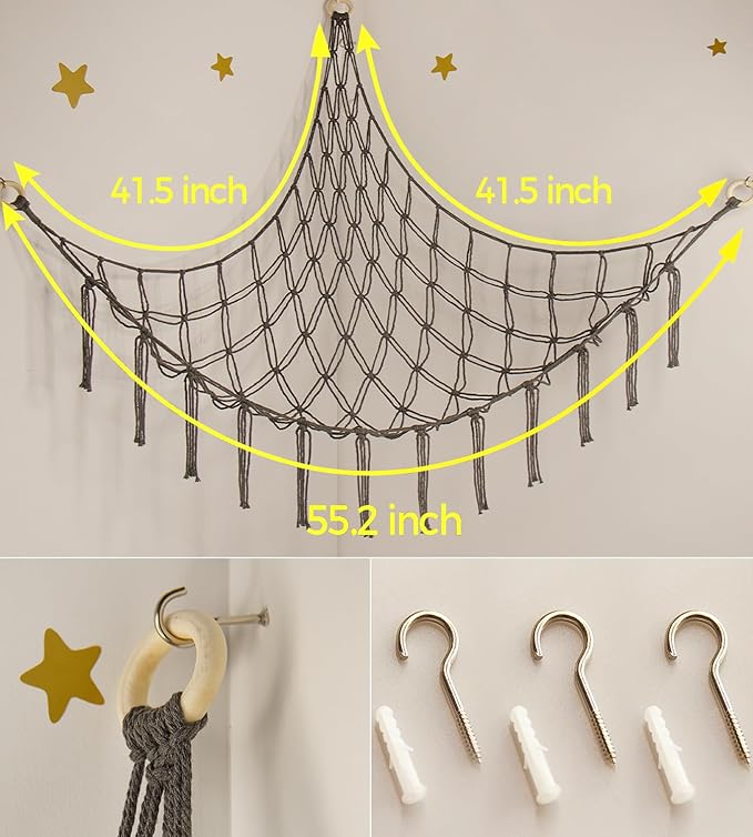 mirolam Stuffed Animals Hammock Net Corner-Hanging Stuff Animal Toy Storage Organizer for Plush Plushie Room Bedroom Nursery Decor Toy Storage Organization