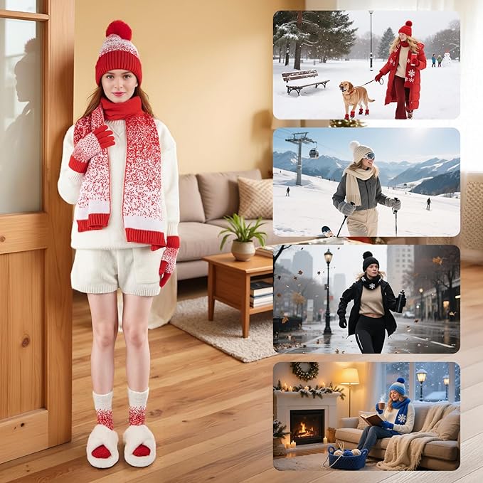 Womens Winter Beanie Hat Scarf Gloves Fuzzy Socks 4 In 1 Set Thermal Fleece Knitted Hat Warm Long Scarf Cold Weather