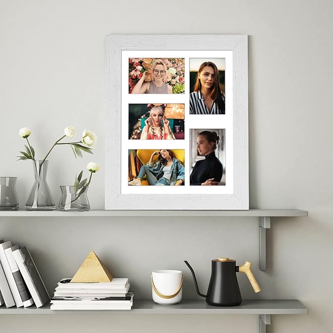11x14 Picture Frame Display 5 opening 4X6 Picture Frame Collage,Multi Photo Frame with Mat,Plexiglass,Wall or Tabletop Decor,Distressed White Wood Grain