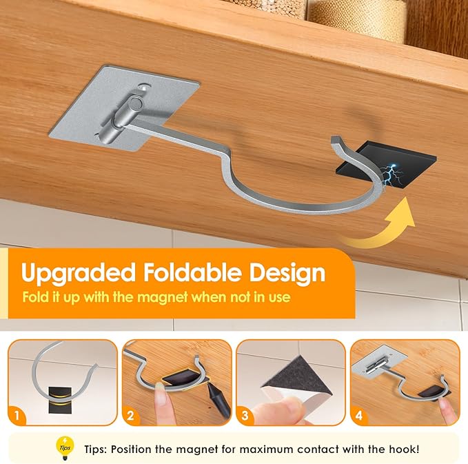 Self Adhesive Banana Hook Under Cabinet Foldable Banana Hanger Metal Under Counter Banana Hook to Keep Bananas Fresh Banana Holder for Kitchen RV Space Saving, Silver
