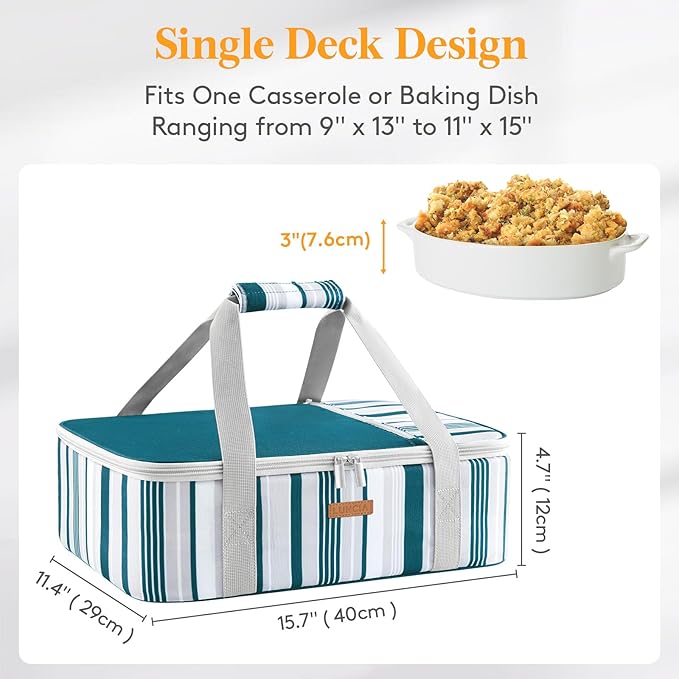 LUNCIA Insulated Single Decker Casserole Carrier, Lasagna Lugger Tote Keeps Food Hot or Cold, Thermal Lunch Bag for Potluck Parties, Picnic and Cookouts, Fits 9" x 13" Baking Dish, Green