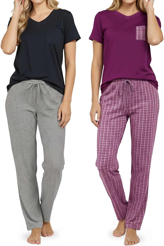 Real Essentials 2 Pack: Women's Comfy Pajama Sets - Short & Long Sleeve Ladies Loungewear Sleepwear PJs (Available In Plus)