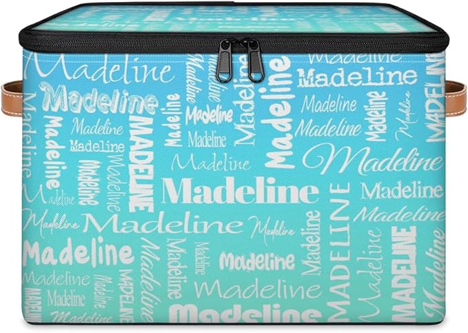 Custom Storage Basket with Name, Personalized Keepsake Box with Zipper Lid, Foldable Fabric Memory Bin Large capacity with Handle Blue Green Gradient