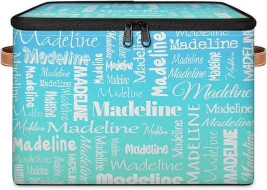 Custom Storage Basket with Name, Personalized Keepsake Box with Zipper Lid, Foldable Fabric Memory Bin Large capacity with Handle Blue Green Gradient