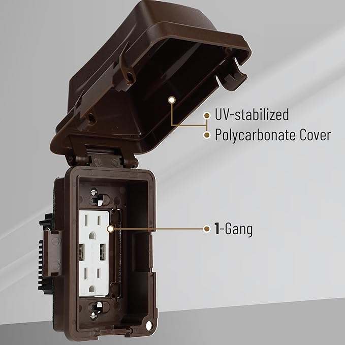 Bates- Weatherproof Electrical Outlet Cover, 1-Gang, Brown Outdoor Outlet Cover Weatherproof, Outdoor Plug Cover, Outlet Cover Box