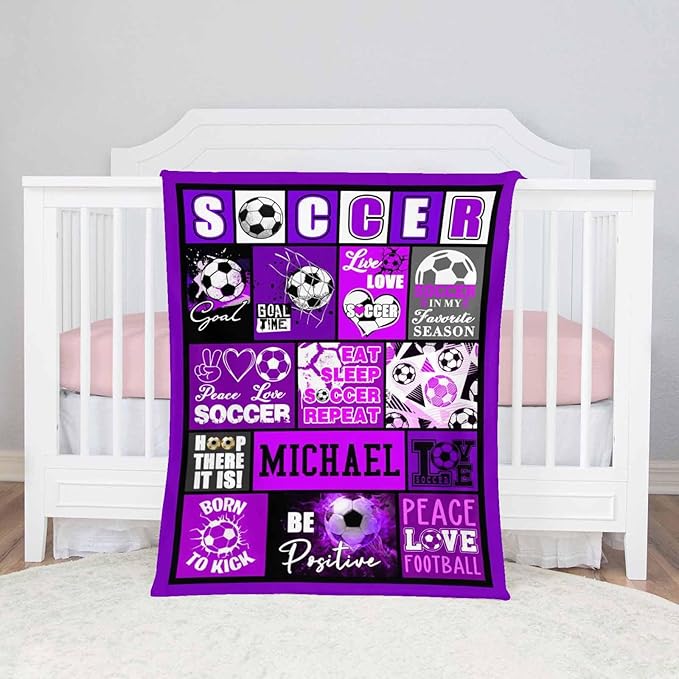 D-Story Personalized Custom Blankets with Name, Monogrammed Soccer Blanket Gifts for Kids & Baby