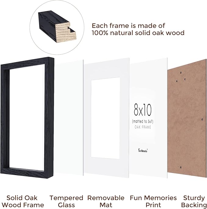 Fun Memories 8x10 Black Picture Frame, Natural Oak Wood 8 x 10 Photo Frames, 8 by 10 Frames Real Glass, 8x10 Picture Frame with Mat for 5x7, Rustic Black Wood Frame 8"x10", 1 Pack