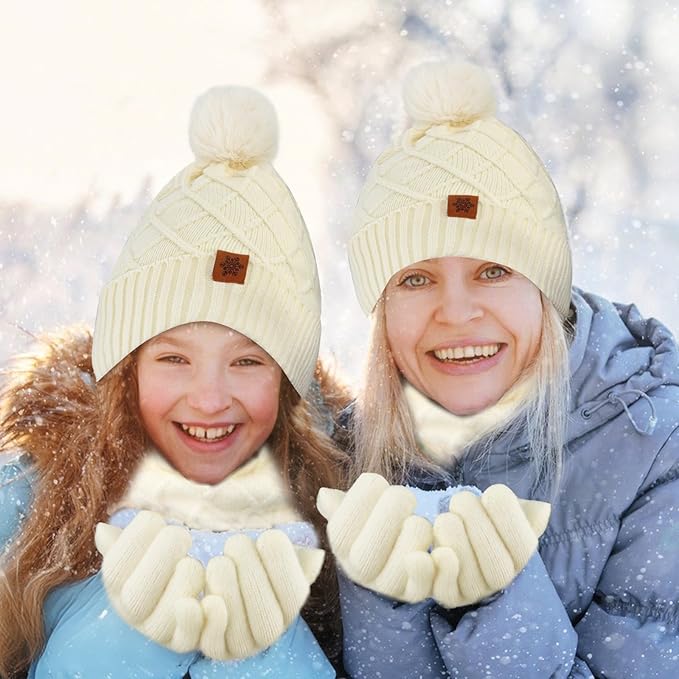 YARIEW Winter Hat Neck Warmer and Gloves Set for Women, Warm Knitted Beanie with Pom Pom, Soft Ear Warmer Scarf, Warm Gloves