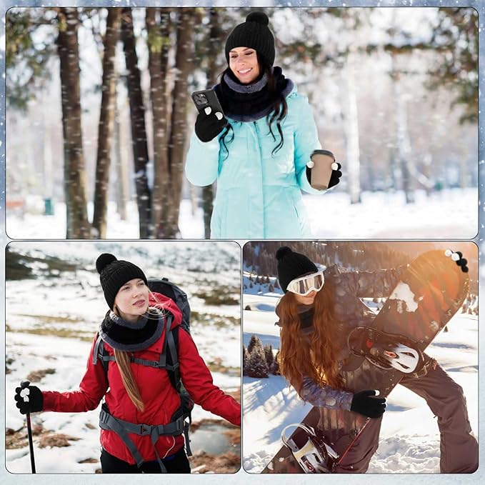 SATINIOR 5 Pcs Winter Satin Lined Hat Scarf Gloves Set Knit Pompom Beanie Warm Touchscreen Glove Earmuff Ear Warmer for Women