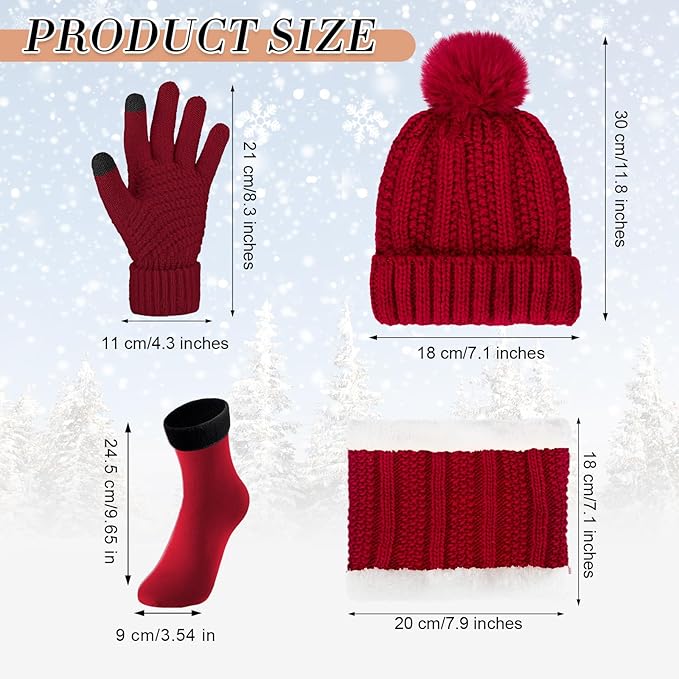SATINIOR 5 Pcs Winter Hat Scarf Gloves Set Fleece Warm Lined Knit Beanie Hat Touch Screen Earmuff Gloves Warmer for Women(Wine Red,Classic Style)