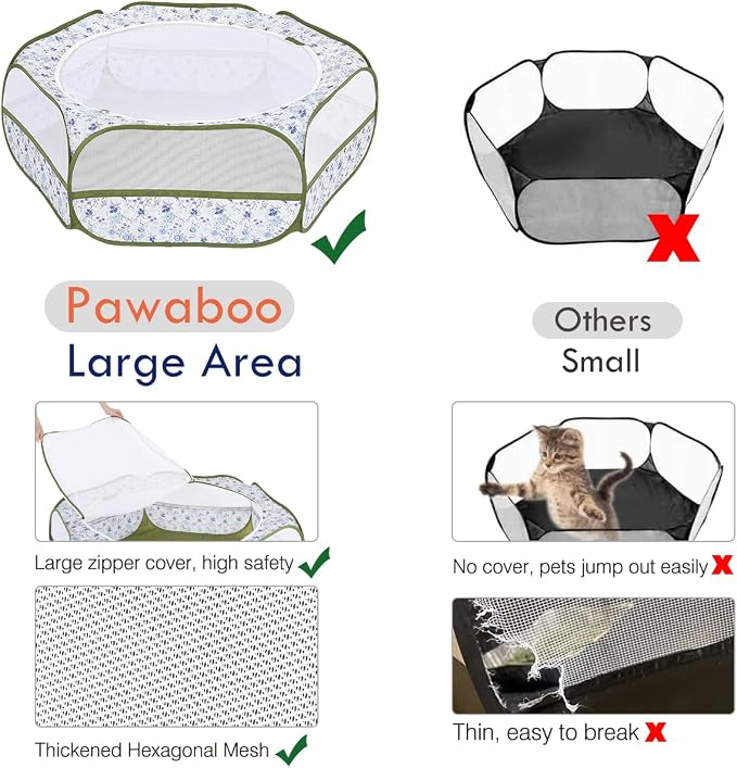 Pawaboo Small Animal Playpen with Zippered Cover, Blue + White Flower | Portable pop-up pet tent for supervised rabbits, guinea pigs, chicks and kittens; water-resistant bottom and 3 metal rods