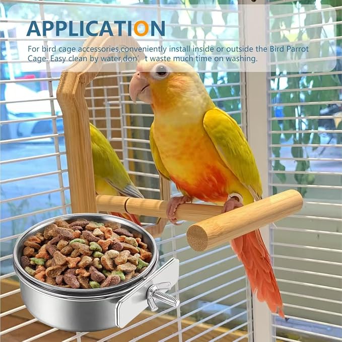 Stainless Steel Bird Feeding Bowls, 2Pcs Small Bird Feeding Cup with Holder, Parrot Food Bowl Cage Water Feeder, Pet Cage Cup Holder for Parrots, Canaries, Hamsters (Dia 7.09", 6.3")