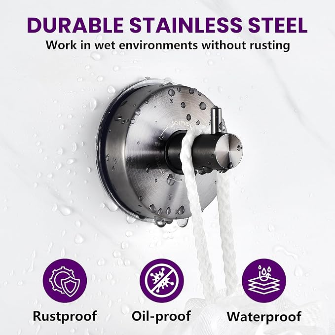 JOMOLA Suction Cup Shower Hooks for Hanging Towel Suction Hook for Inside Shower Stainless Steel Coat Hooks Wall Mounted Kitchen Utensil Stainless Steel, Brushed Black, 4PCS