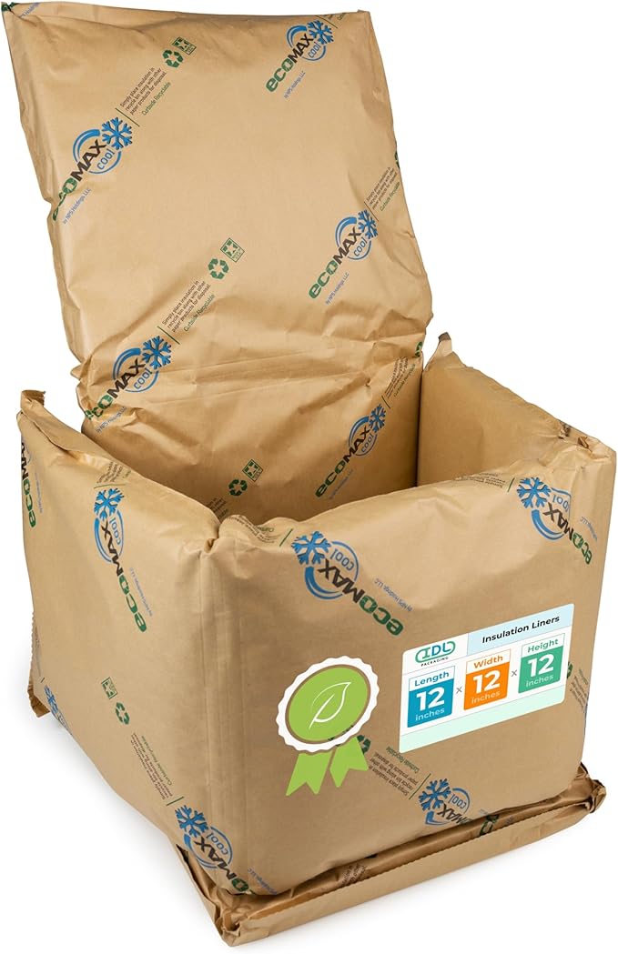 IDL Packaging 12" x 12" x 12" Insulation Liners for Shipping Box, 3.6 Gallons Capacity, Pack of 1 - EcoMax™ Thermal-Paper Liners, Absorb Condensation - For Frozen Food, Meat, or Fish