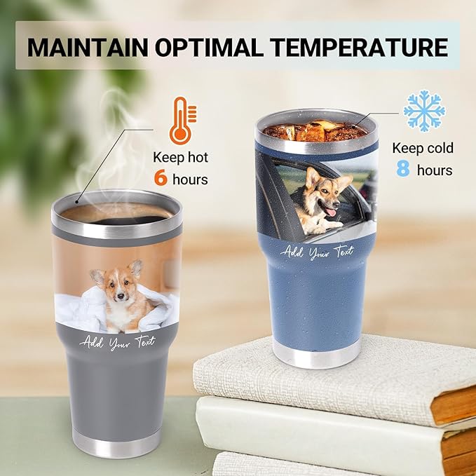 Personalized Tumbler with Picture Text Name Logo, 30oz Stainless Steel Custom Coffee Mug cup with Lid Straw, Christmas Anniversary Wedding Birthday Thank You Gifts for Women Men Kids